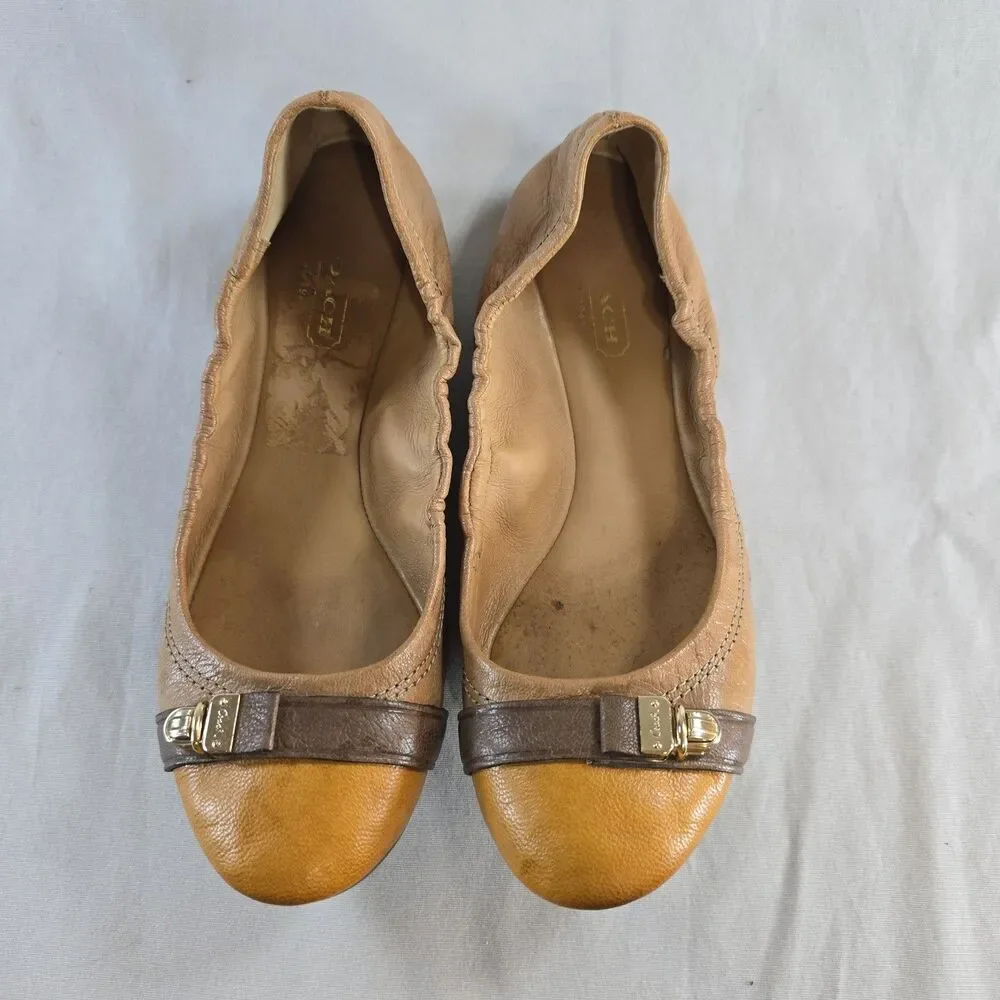 Coach Delphine Tan & Mustard Toe Leather Slip On Ballet Flats US 6 B Turn Lock